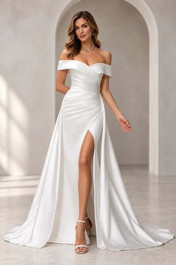 Elegant Sheath Off-Shoulder Sleeveless V-Back Floor-Length Slit Wedding Dress