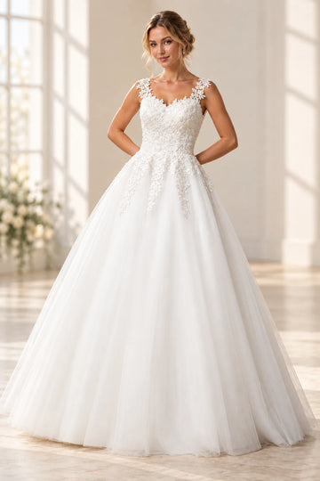 Romantic Floral A-Line Sweetheart Sleeveless Lace-Up-Back Floor-Length Tulle Wedding Dress