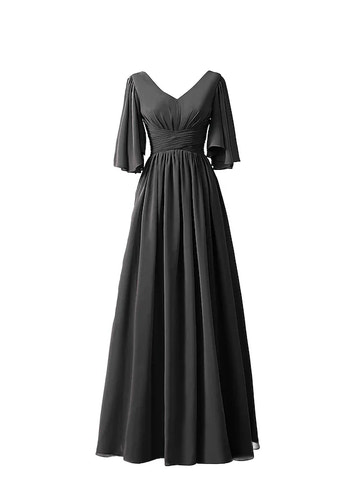 V-Neck Flutter Sleeve Ruched Waist Chiffon A-Line Bridesmaid Maxi Dress with Lace-Up Back