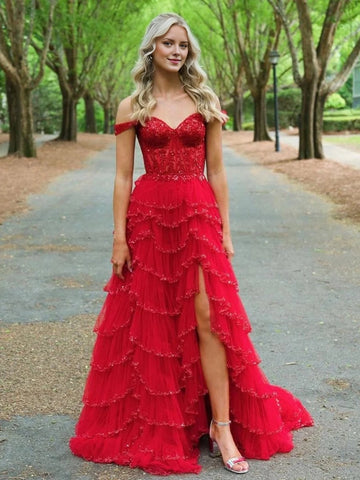 Red embellished A-line high-low prom dress with sweetheart neckline and tiered skirt