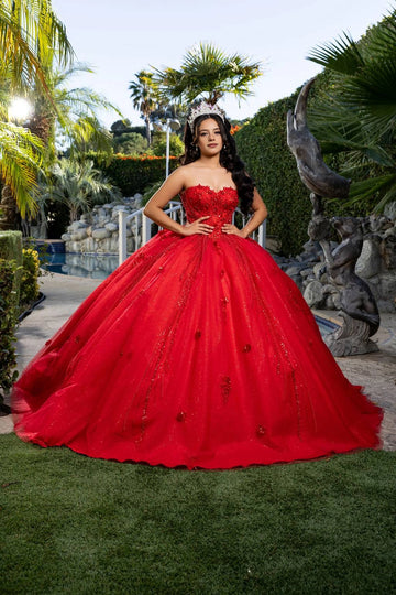 Red glitter Quinceañera ball gown with strapless sweetheart neckline and embellished bodice by Vedress