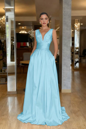 Striking A-Line V-Neck Sleeveless Low Back Floor-Length Prom Dress