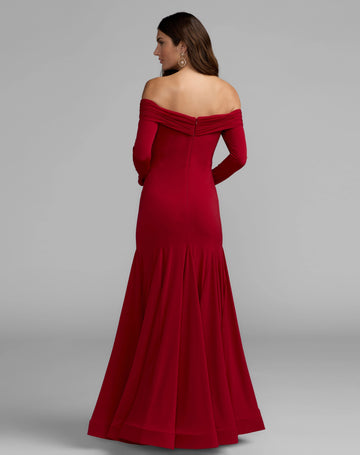Red off shoulder bridesmaid dress with zipper back long sleeves and trumpet floor length skirt back view