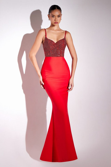 Royal Blue Beaded Bodice Mermaid Evening Gown - Deep V Spaghetti Strap Formal Prom Dress