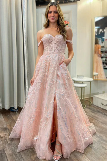Romantic Blush Pink Off Shoulder Lace Prom Gown with Pockets