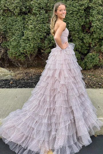 Romantic Blush Polka Dot Tulle Ruffle Prom Gown with Bows