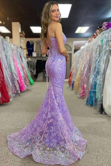 Romantic Lavender Lace Mermaid Gown with Lace-Up Back Prom Gown