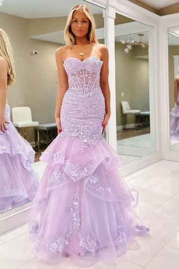 Romantic Lavender Lace Strapless Tiered Mermaid Prom Gown