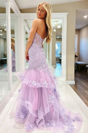 Romantic Lavender Lace Strapless Tiered Mermaid Prom Gown