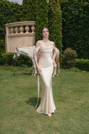 Vedress champagne satin mermaid wedding dress cowl off‑shoulder sleeves for garden wedding
