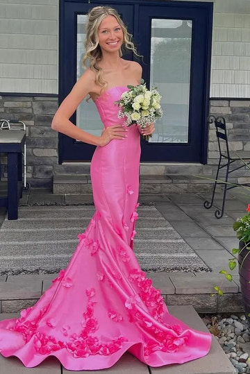 Romantic Pink Satin Strapless Mermaid Gown with 3D Floral Appliqué Prom Dress