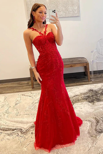 Vestido de Noche de Sirena con Encaje Rojo Romántico y Un Solo Hombro