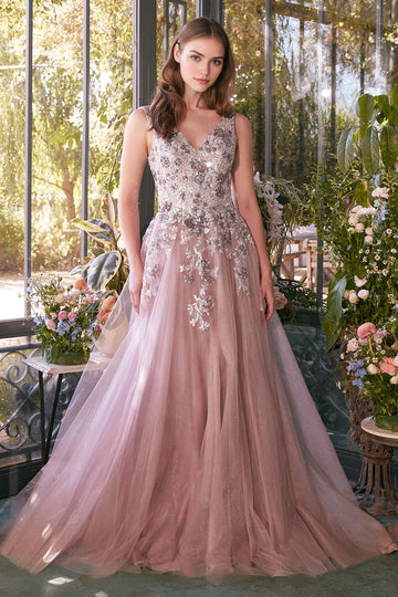 V-neck tulle prom dress with floral appliqué bodice, sequined embellishment, sleeveless A-line silhouette, and floor-length skirt