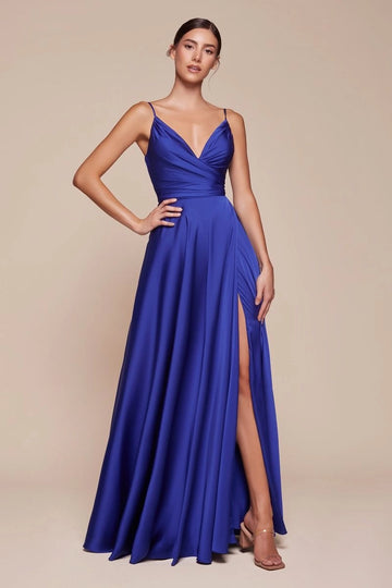 Royal blue A-line bridesmaid dress with spaghetti straps, V-neckline, ruched bodice, thigh-high slit, and flowing floor-length skirt by Vedress.