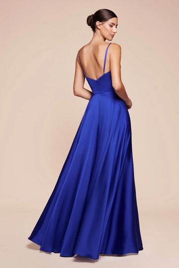 Back view of royal blue bridesmaid dress featuring a V-back, thin spaghetti straps, concealed zipper, fitted waist, and flowing A-line skirt.