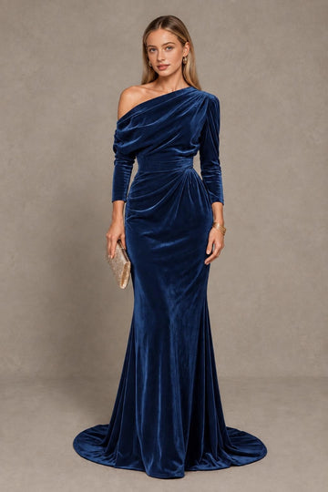 Elegant Royal Blue Mermaid One-Shoulder Long-Sleeve Draped-Back Floor-Length Bridesmaid Dress