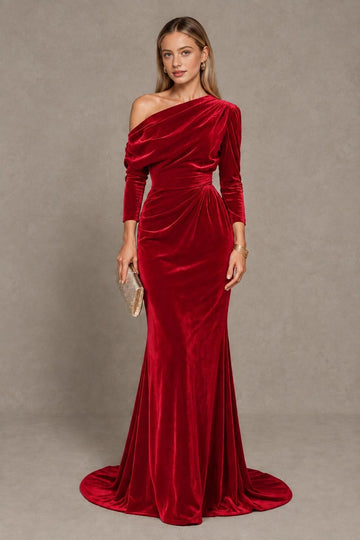 Elegant Royal Blue Mermaid One-Shoulder Long-Sleeve Draped-Back Floor-Length Bridesmaid Dress