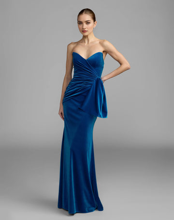 Royal blue strapless sweetheart column evening dress with draped waist and floor length skirt front view