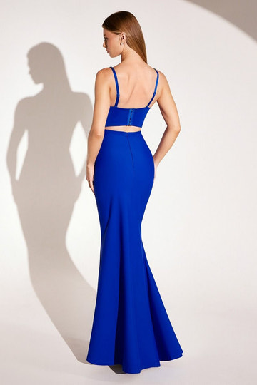 Vestido de noche sirena con corpiño de cuentas azul real - Vestido de fiesta formal con tirantes finos y escote en V pronunciado