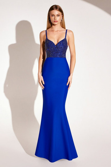 Vestido de noche sirena con corpiño de cuentas azul real - Vestido de fiesta formal con tirantes finos y escote en V pronunciado