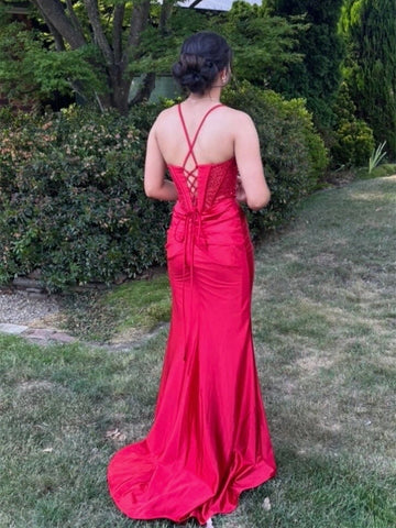 Floor-length prom dress with crisscross spaghetti straps and lace-up back