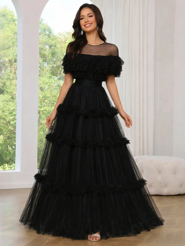Vestido de fiesta con cuello ilusión de línea A/Princesa de tul escalonado con volantes de lunares en capas