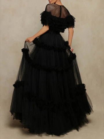 Vestido de fiesta con cuello ilusión de línea A/Princesa de tul escalonado con volantes de lunares en capas