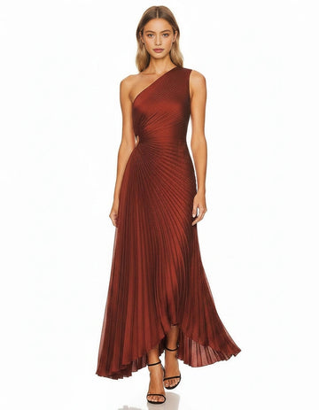 Rust pleated one shoulder wedding guest dress with high-low hem