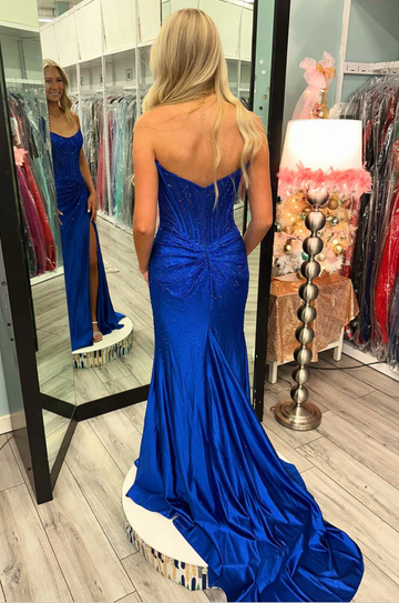 Sweep/Brush Strapless Sweetheart Neck Beaded Satin Mermaid Corset Maxi Gown with High Slit Formal Evening Dress