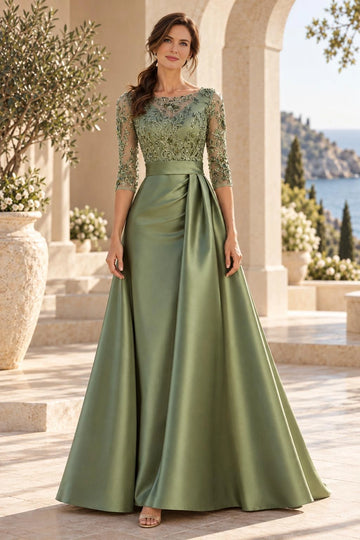 Sage green A-line mother of the bride dress with floral embroidered bodice, boat neckline, three-quarter sheer sleeves and floor-length draped skirt