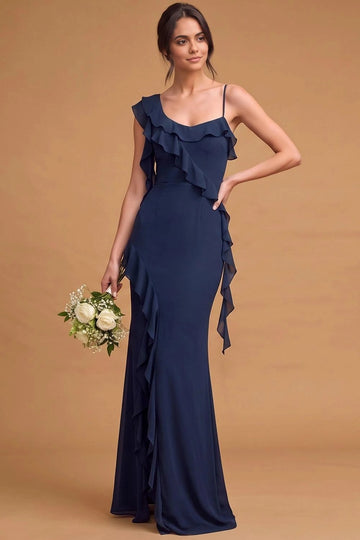 Romantic Sheath Ruffle Neck Sleeveless Scoop Back Floor Length Bridesmaid Dress