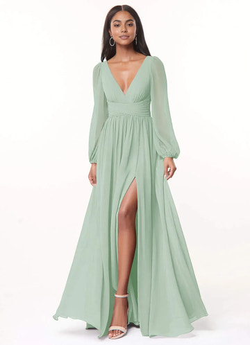 A-Line/Princess Chiffon Plunging Neck Long Sleeves Bridesmaid Dresses Wedding Guest Dresses With Slit