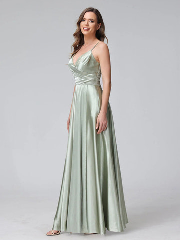 Vestidos de fiesta/damas de honor formales de seda satinada, corte A/Princesa, cuello en V, sin mangas, hasta el tobillo, con bolsillos y abertura lateral