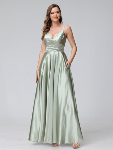 Vestidos de fiesta/damas de honor formales de seda satinada, corte A/Princesa, cuello en V, sin mangas, hasta el tobillo, con bolsillos y abertura lateral