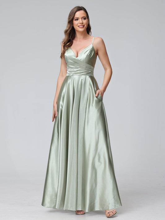 A-Line/Princess V-Neck Sleeveless Ankle-Length Silk Satin Formal Prom Bridemaid Dresses with Pockets & Split Side