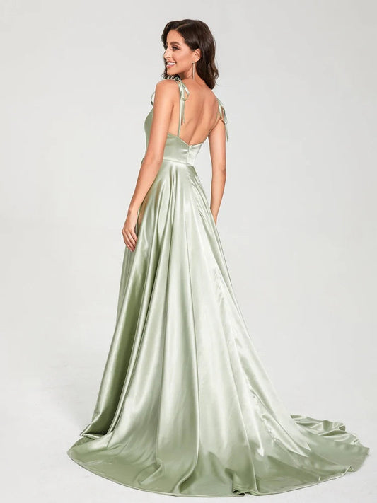 A-Line/Princess Spaghetti Straps Sleeveless Formal Evening Gown Floor-Length Bridemaid Dresses with Split Side