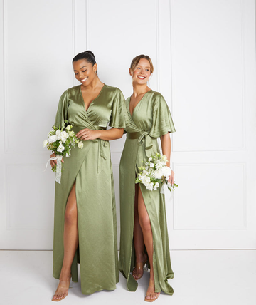 Elegant V-Neck Wrap Dress with Cape Sleeves High Slit Gown Bridesmaid Dresses Asymmetric Hem