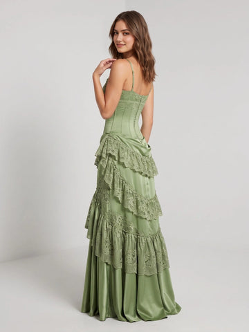 Sage green lace mermaid long bridesmaid dress with spaghetti straps tiered ruffle skirt from Vedress