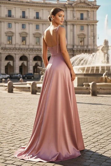 A-Line Cowl Neck Tie Strap Satin Formal Gown Floor Length Evening Dress