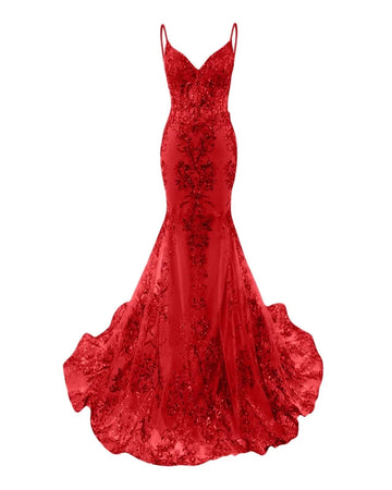 Elegant Mermaid V-Neck Sleeveless Floor-Length Sequin Corset Tulle Prom Dress