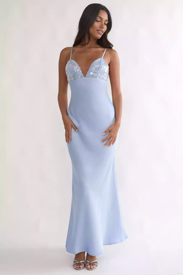 Sequin V-Neck Spaghetti Strap Satin Maxi Wedding Guest Dress With Open Back