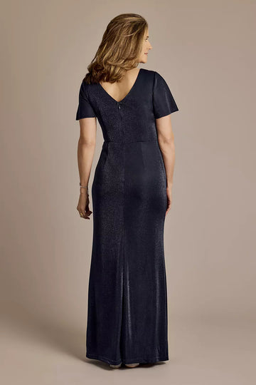 Elegant Glitter Keyhole Neck Ruched Flutter Sleeve Maxi Gown Mother of the Bride Dress