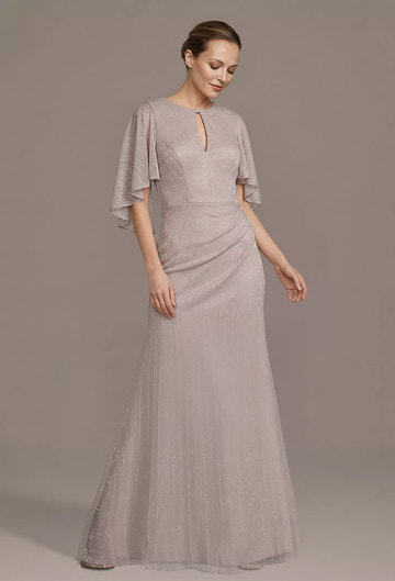 Sheath Keyhole Neck Capelet Dress Floor Length Metallic Mother of the Bride Dress
