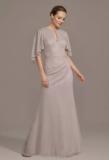 Sheath Keyhole Neck Capelet Dress Floor Length Metallic Mother of the Bride Dress
