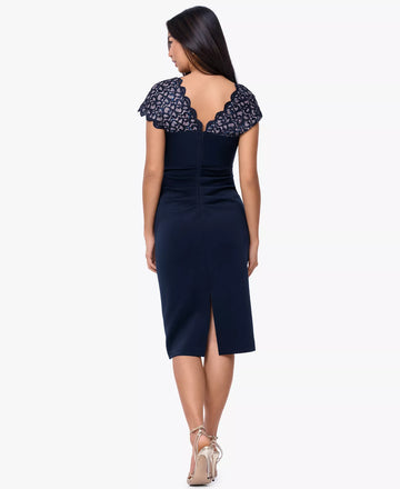 Sheath Scalloped Neck Short Sleeve Wedding Guest Dress Crepe Midi Cocktail Dress with Lace Ruched