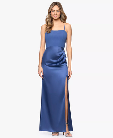 Sleek Sheath Square Neck Sleeveless Wedding Guest Dress Crepe Satin Floor Length Gown with Slit Ruched
