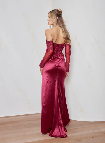Glamorous Sheath Sweetheart Lace Satin Gown Formal Evening Dress With Hight Slit
