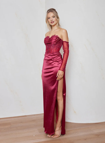 Glamorous Sheath Sweetheart Lace Satin Gown Formal Evening Dress With Hight Slit