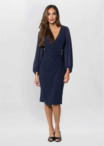 Elegant Sheath V-Neck Ruched Bishop Sleeve Knee Length Chiffon Mother of the Bride Dress
