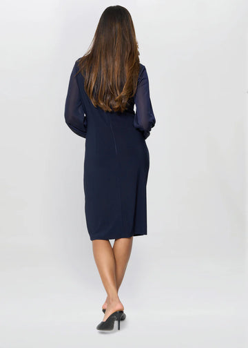 Elegant Sheath V-Neck Ruched Bishop Sleeve Knee Length Chiffon Mother of the Bride Dress